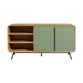 **Technische titel in het Nederlands: Moderne houten TV-kast met groene deuren en open schappen**
