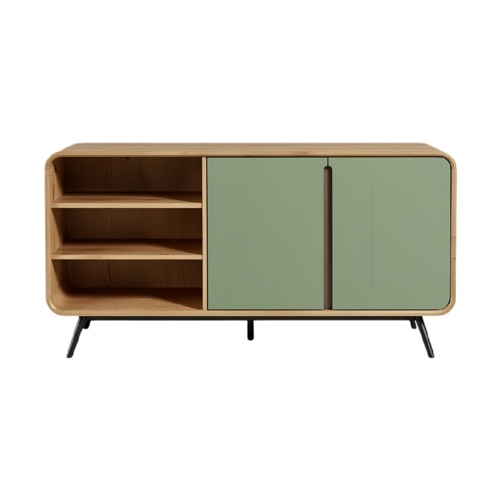 **Technische titel in het Nederlands: Moderne houten TV-kast met groene deuren en open schappen**