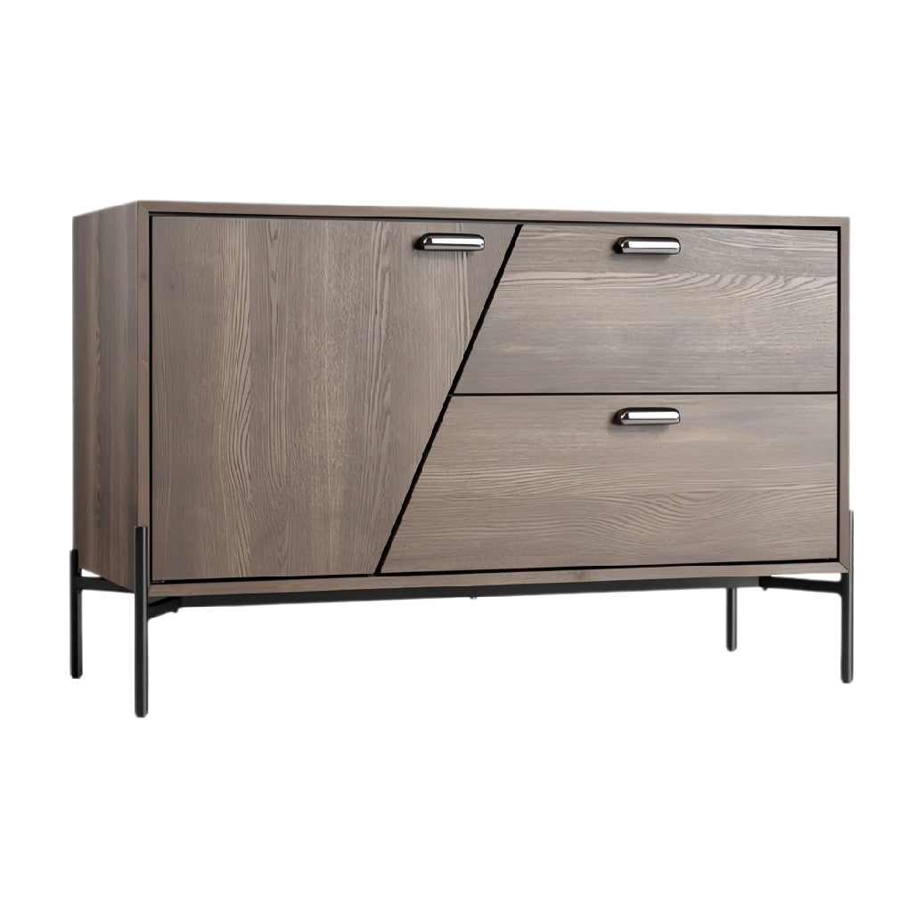 Technische titel in het Nederlands: **Moderne houten kast met metalen poten en geometrisch ontwerp**