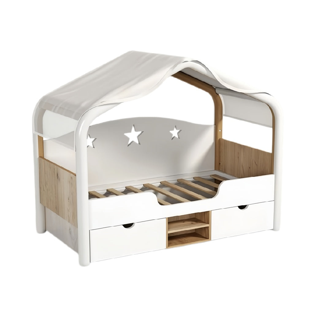 **Technische titel in het Nederlands: Moderne kinderbed met huisontwerp en opberglades**